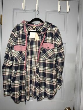 Hem & Thread Navy Plaid Utility Jacket with Pink Trim